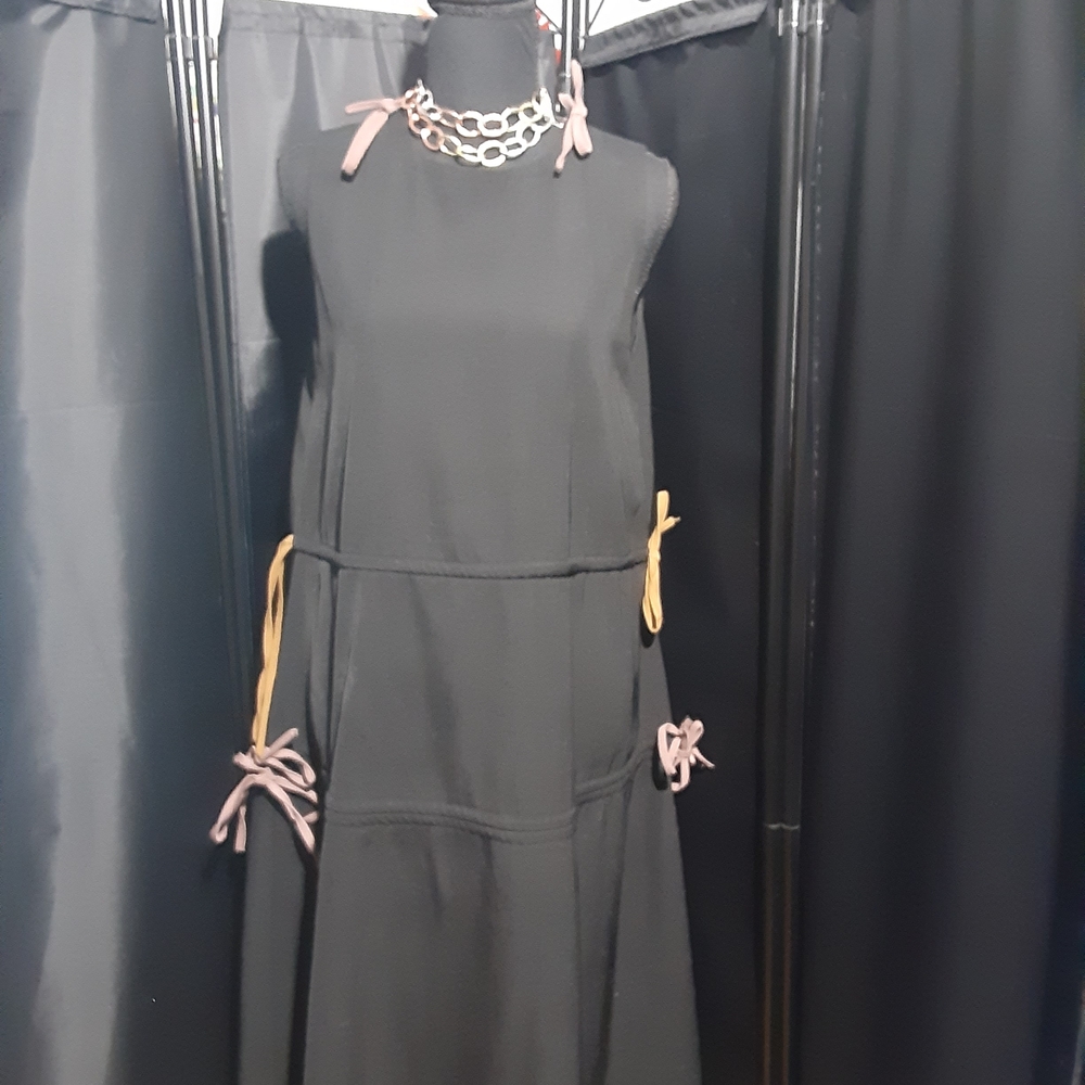 Chic Black Midi Dress with Bow Details Boho Prarie Wonen's Small Peasant